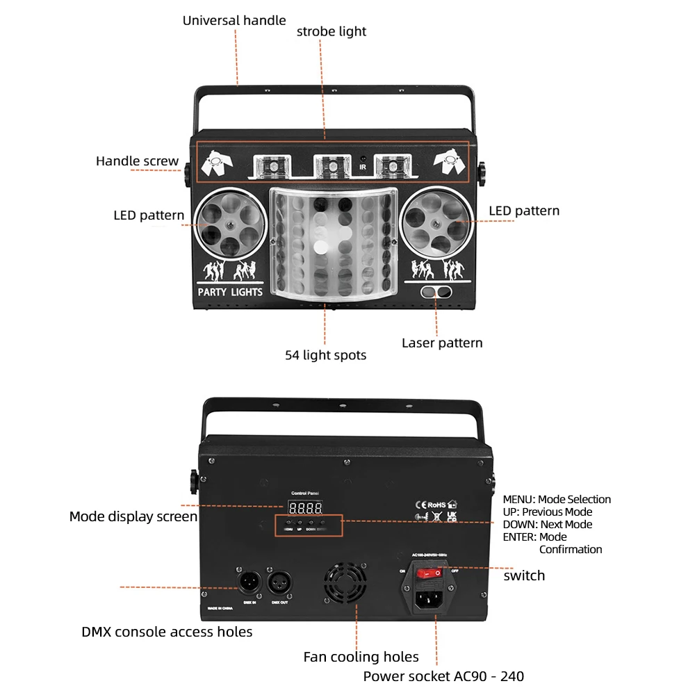 DJ كشاف إضاءة للحفلات ديسكو الكرة 5 في 1 مصطربة ضوء الإسقاط التحكم التعريفي ضوء المرحلة DMX التحكم الأسرة حفلة كرنفال #6