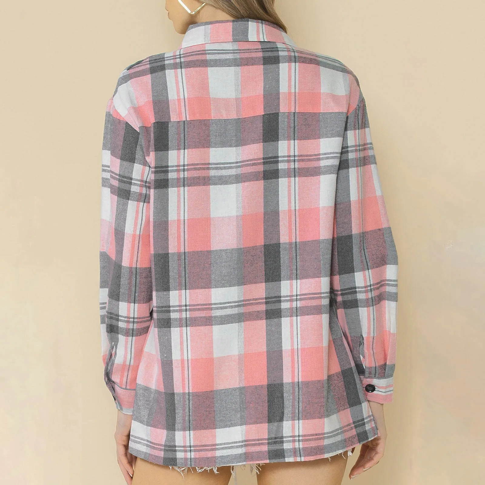 Shirt Jacket Women\'s Plaid Pattern Pocket Design Shacket Checkered Winter Plaid Jacket Overshirt Warm Thicken Button Coat Women