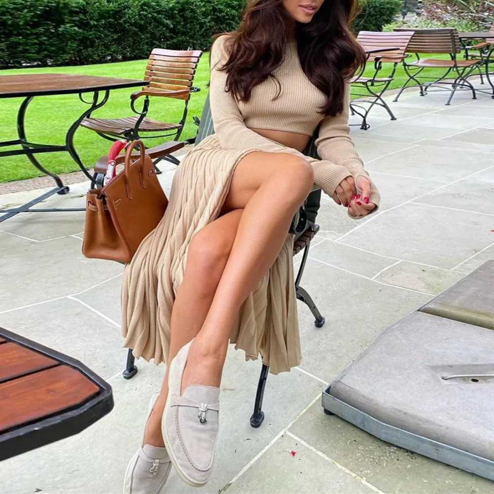 Women Two Piece Set Solid White Long Sleeve Sweater Knit Crop Tops Side Buttons Sexy Split Pleated Skirt Fashion Sweater Suit