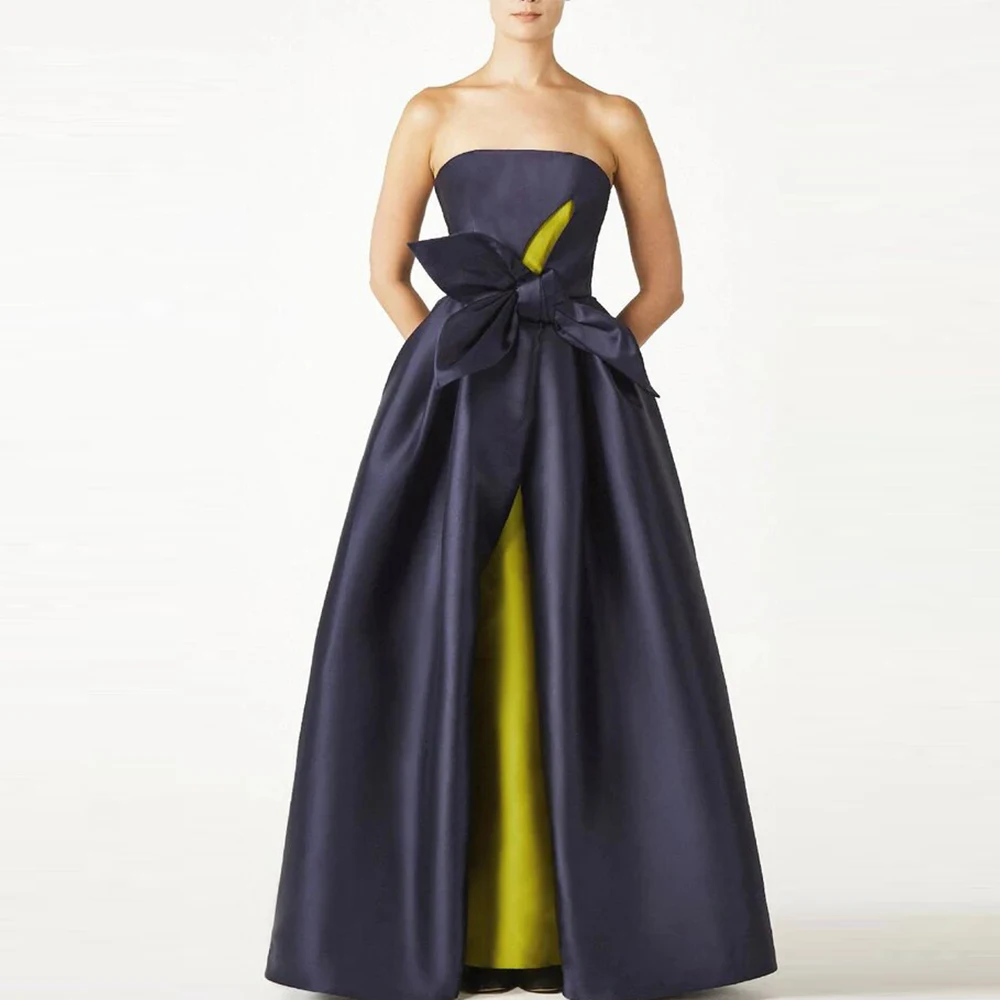 

Classic Party Dress Navy Blue Satin Contrast Color Bow Ruched Bespoke Occasion Gown A-line Strapless Formal Dress Women Elegant