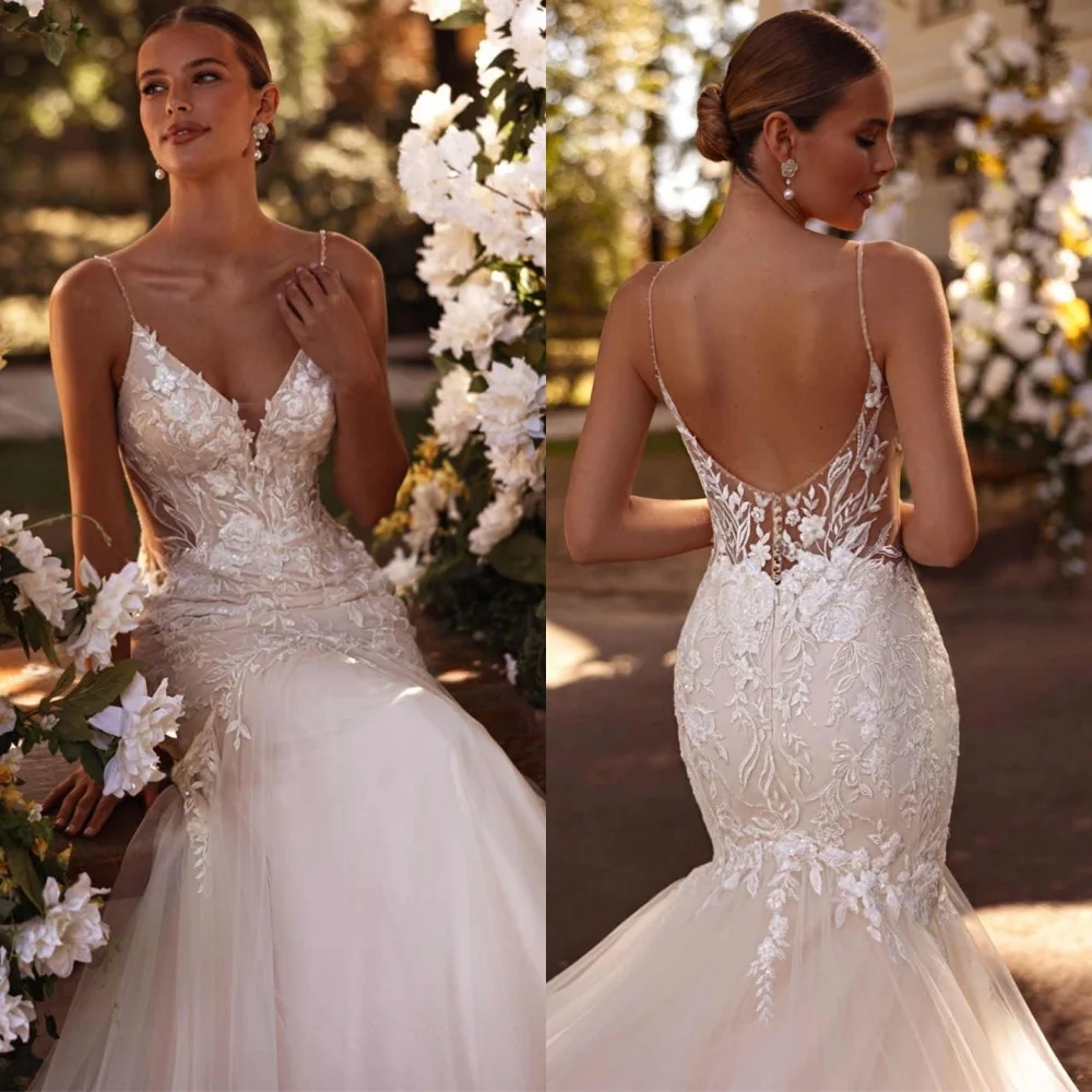 

Customized Mermaid Wedding Dresses Dreamy V-Neck Sleeveless Dresses Wedding Dresses Backless Open Back Bespoke Occasion Gown