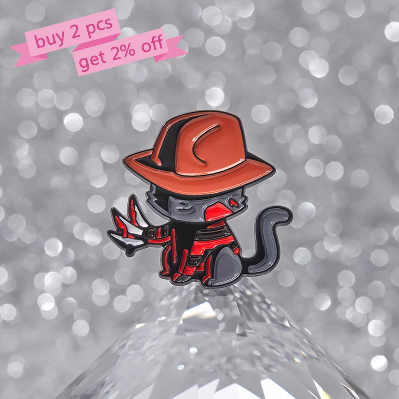 Freddy Krueger Enamel Pins Custom Cat Assassin Brooches Lapel Badges Cartoon Animal Jewelry Gift for Kids Friends