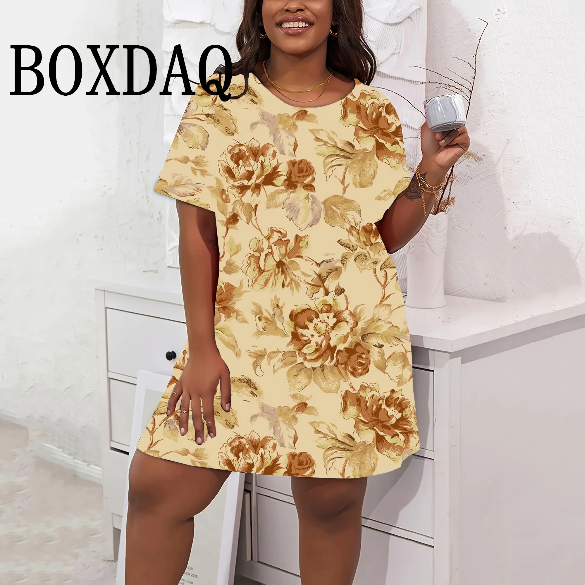 Elegant Casual Simple Loose Women's Dresses For Summer Retro Short Sleeve O-Neck Dress Fashion Plus Size Flower Print Clothing