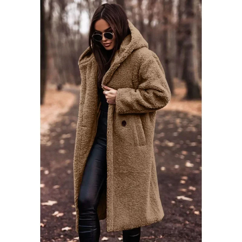 Women Solid Color Long Sleeve Woolen Coat Hooded Winter Autumn Warm Outwear Trench