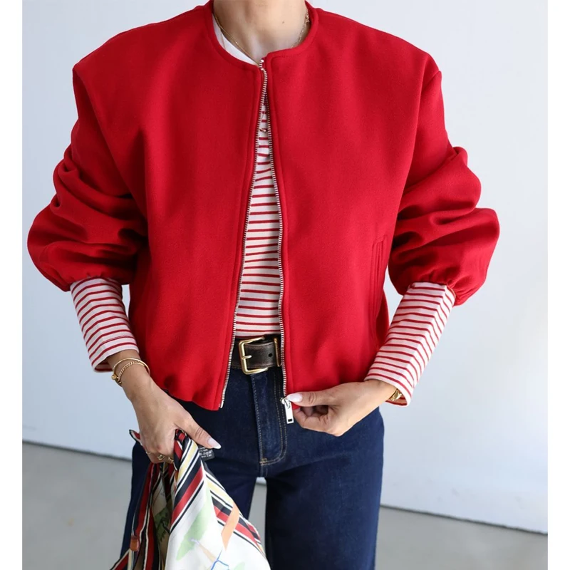 TRAF Red Zipper Bomber Jackets for Women Soft Cropped Jackets Woman 2024 Long Sleeve Woman\'s Sports Jacket New in Outerwears