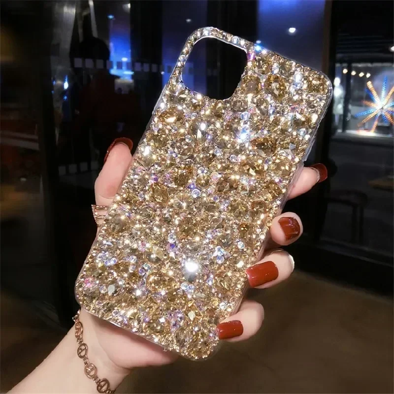 Glitter Full Gold Diamond Crystal Phone Case for IPhone 15 14 13 12 16 Pro Max Casing Women Luxury Bling Rhinestone TPU Cover