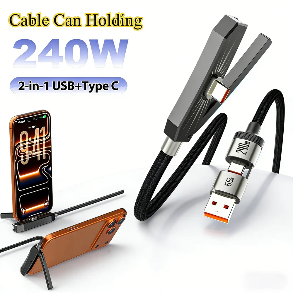 2-in-1 Elbow PD 240W USB-C-auf-USB-C-Kabel, 65W Typ-C-Kabel, schnelles Laden, 27W Ladekabel für iPhone 14 mit Handyhalterung