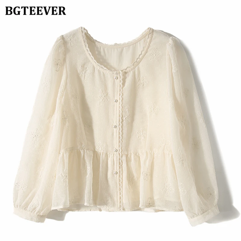 BGTEEVER Chic Vintage Long Sleeve Female Lace Shirts Autumn Elegant Single-brasted Loose Women Embroidery Printed Blouses