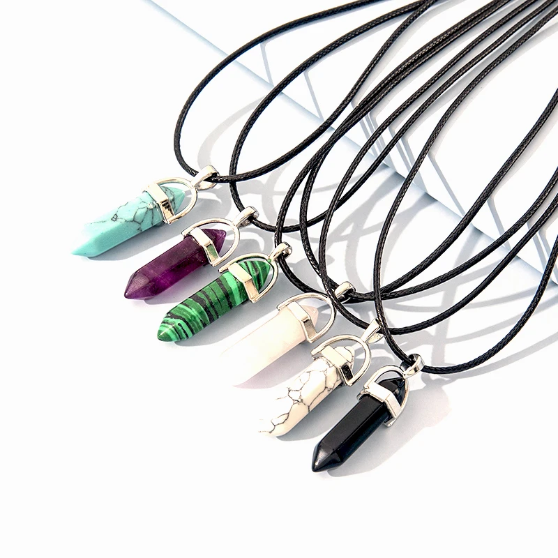 Hexagonal Column Quartz Necklace Turquoises Pink Crystal Pendents Necklace for Women Leather Chain Natural Stone Choker Necklace