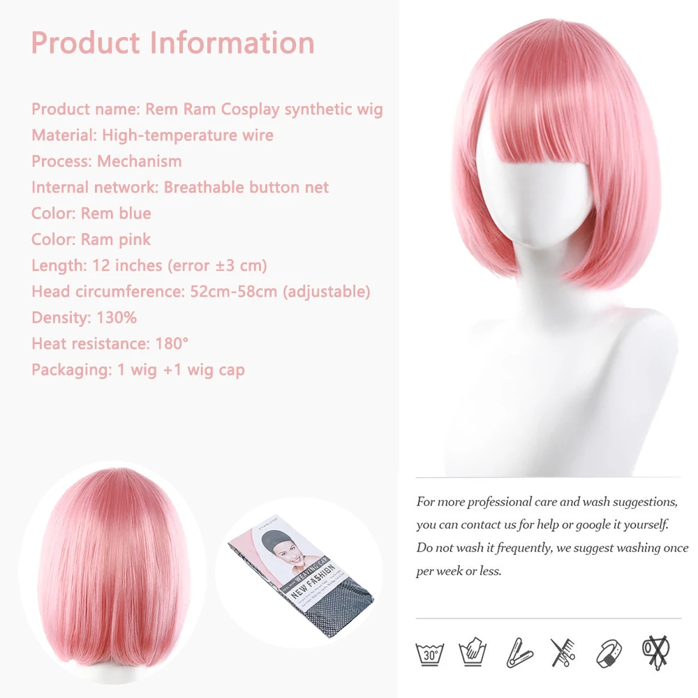 Anime Ram Rem Cosplay Synthetisch haar 12 inch Roze en blauw Kort steil haar Stage Performance Dagelijkse pruik Natura Hittebestendig