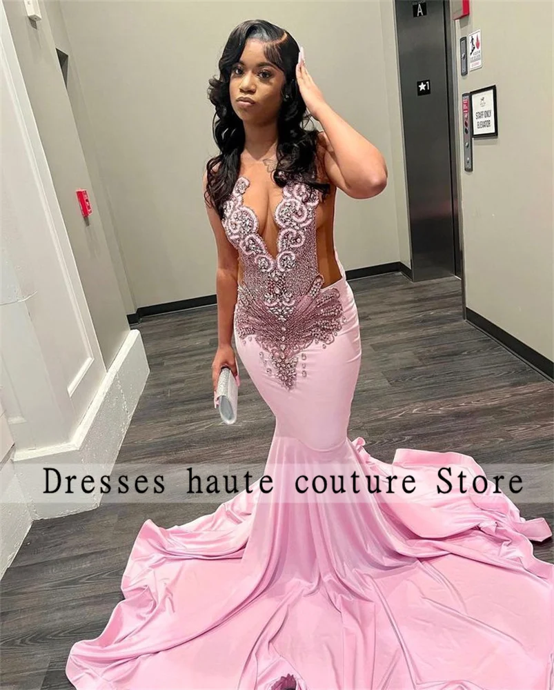 Luxury Pink Mermaid Prom Dresses 2025 For Black Girls  Beading Crystal Rhinestones Evening Dress Party Gowns Birthday Customized