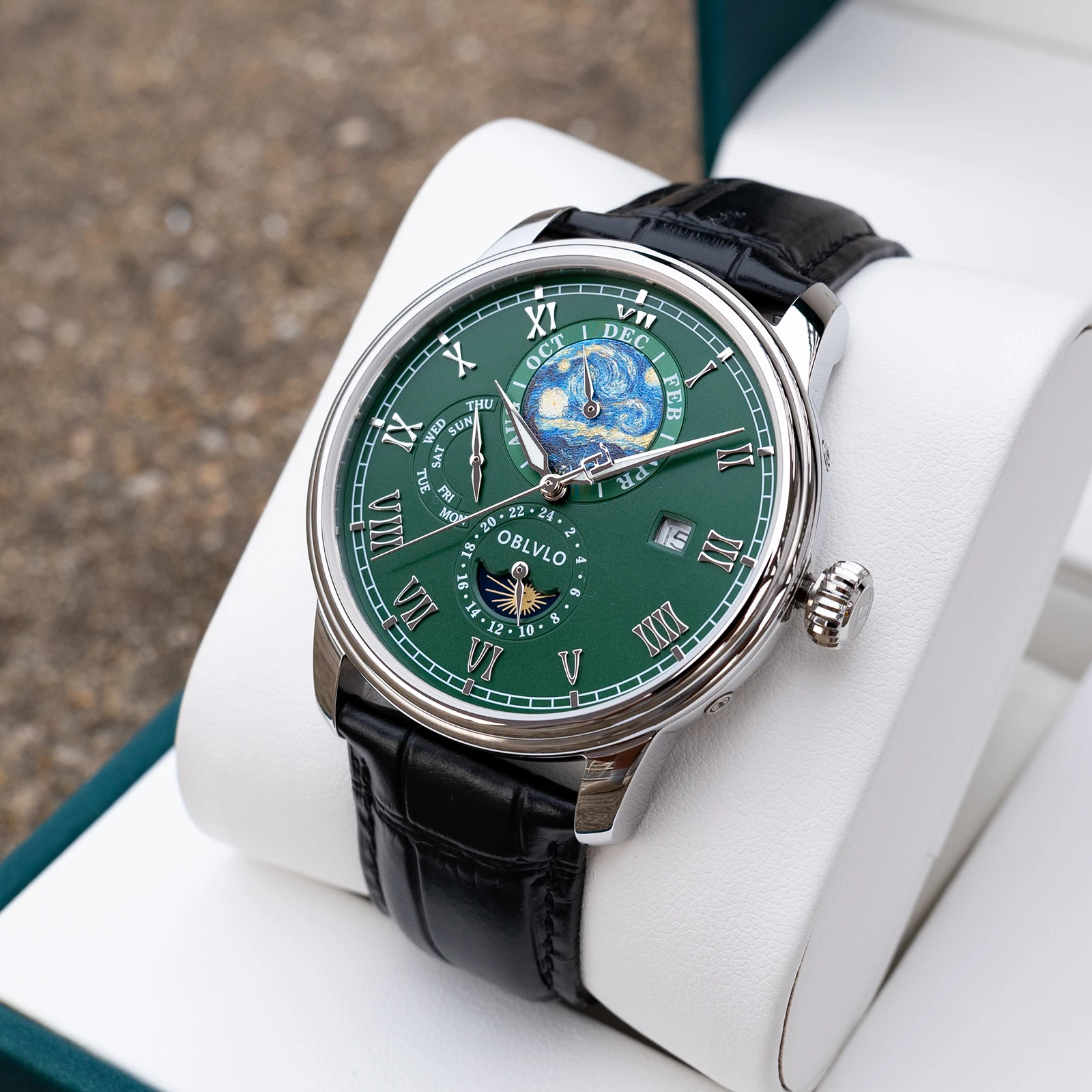 OBLVLO ساعة أوتوماتيكية للرجال 42 ملم ساعة يد ميكانيكية عتيقة 5ATM مضيئة متعددة الطلب شهر، أسبوع، تاريخ، 24 ساعة TY1653