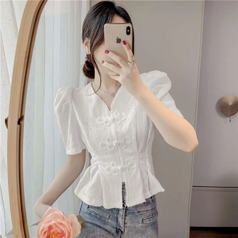 Summer New Women's Shirt Top Casual Slim Fit Short Hollow V-neck Top