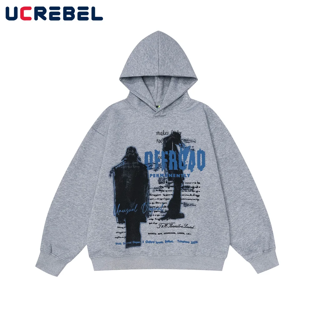 Portrait Print Hooded Sweatshirts Mens Letter Autumn High Street Loose Drop Shoulder Long Sleeve Hoodies