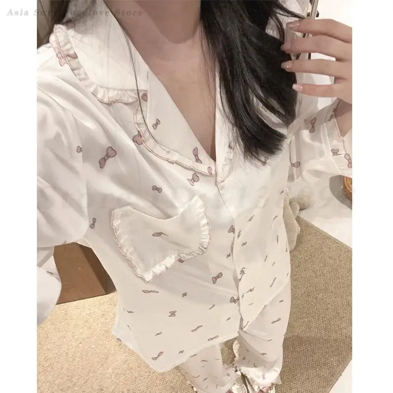 

Sweet Print 2PCS Pajamas Set Lounge Wear Spring Autumn New Female Trouser Suits Sleepwear Lingerie Loose Satin Home Wear Pyjama