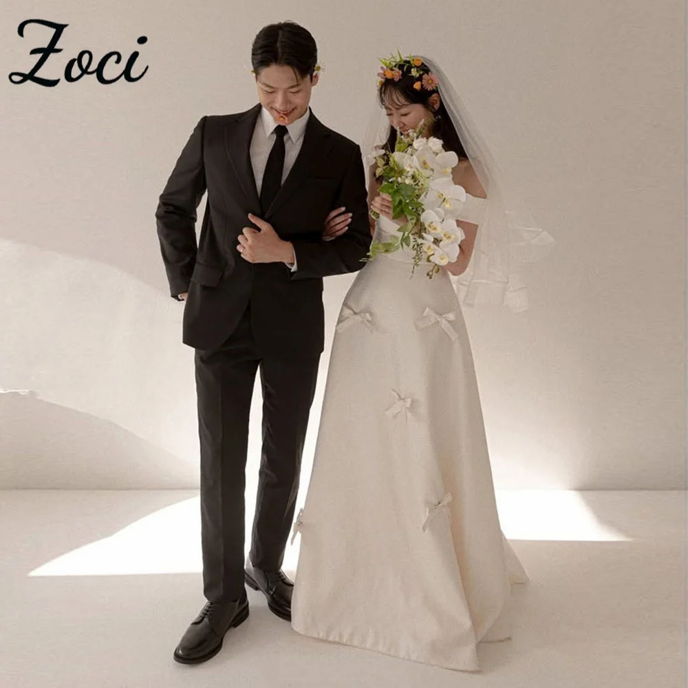 

Zoci Elegant Strapless Korea Wedding Dresses Satin A Line Customized Bow Ribbons Bride Photos Shoot Dress Floor Long Bridal Gown