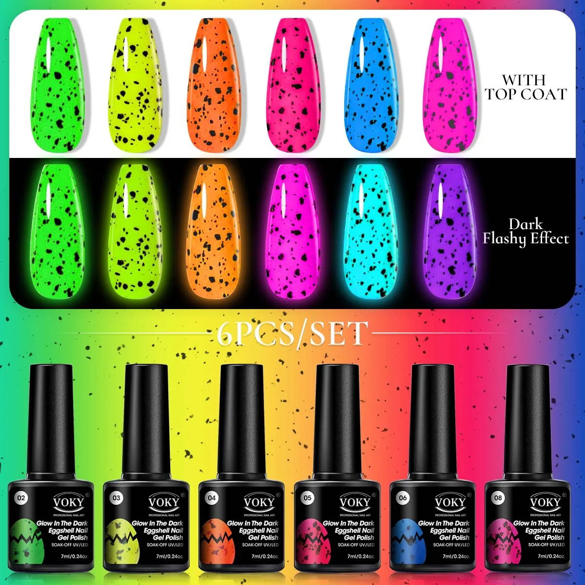 Voky ชุดเจลแต่งเล็บศิลปะทาเล็บเจลยูวีกึ่งถาวรสำหรับฤดูร้อนยาทาเล็บเจลเรืองแสงเรืองแสงในที่มืด6ชิ้น/เซ็ต