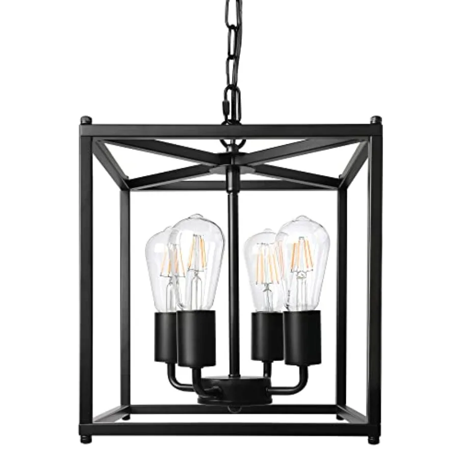4-Light Black Farmhouse Chandelier, Iron Lantern Pendant Light Rustic Cage Adjustable Height, E26 Base Industrial Hanging Light - view 2