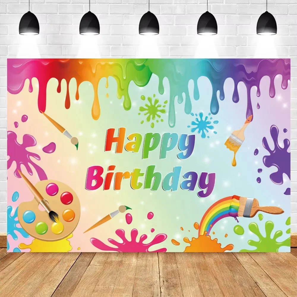Happy Birthday Colorful Paint Themed Photo Backdrop Splatter Graffiti Baby Shower Birthday Party Decor Photography Background