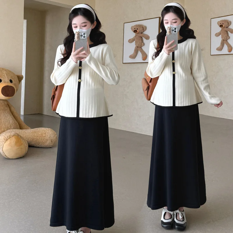Maternity Suit 2026 Spring Autumn French Style Elegant Comfortable Contrast Trim Knit Top And Long Skirt For Pregnant Women