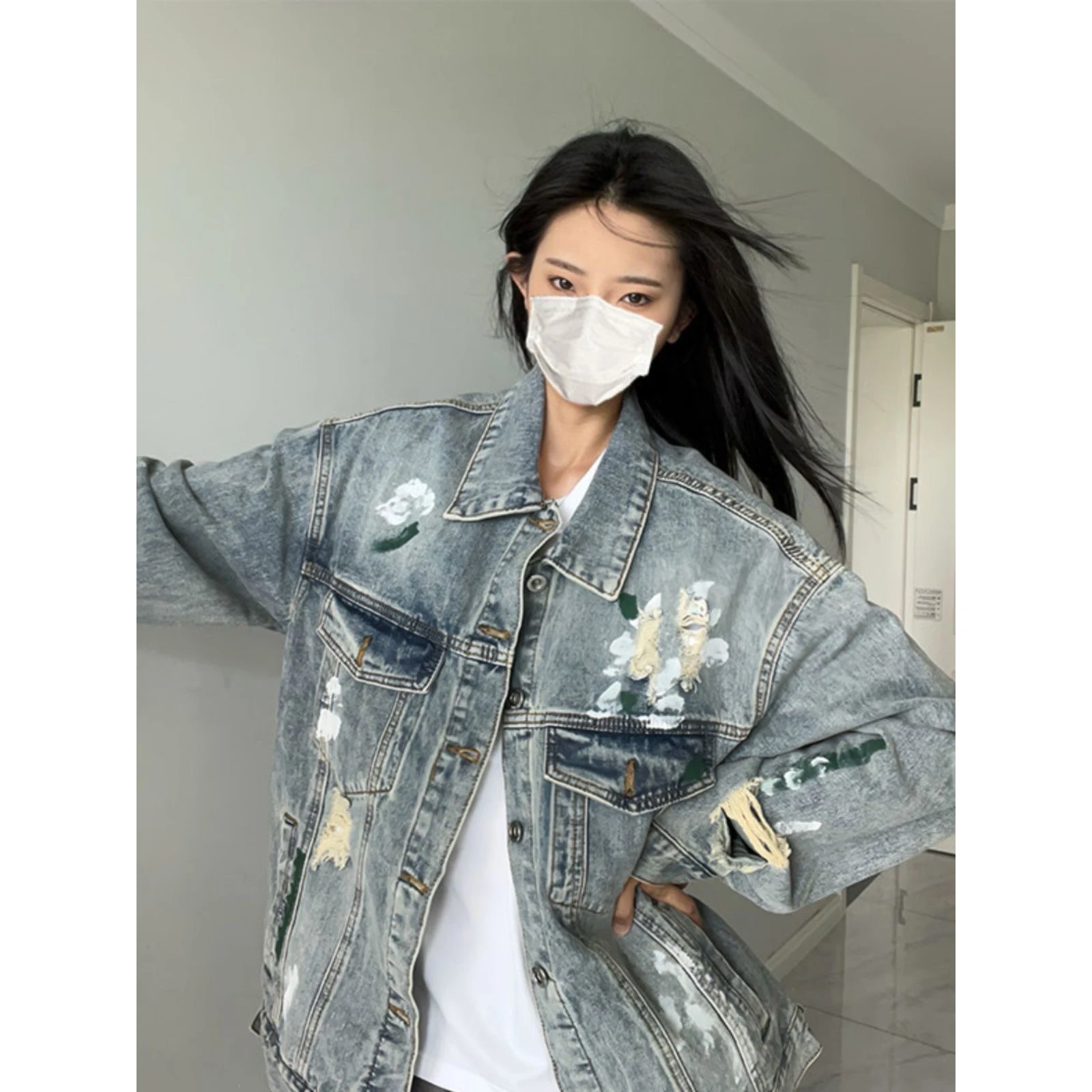 

American Retro fiti Denim Jaet ex Casual Spring Autumn Design Loose Fit Workwear Jaet Cotton Polyester Blend