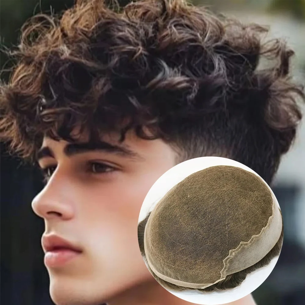 

Мужской парик-накладка (тупе) из 100% натуральных волос, 25 мм, кудрявый, светло-русый, с сеткой Q6 и швейцарским кружевом, с осветленными узлами # 1B80 Серо-коричневый # Система 18 Prosthe