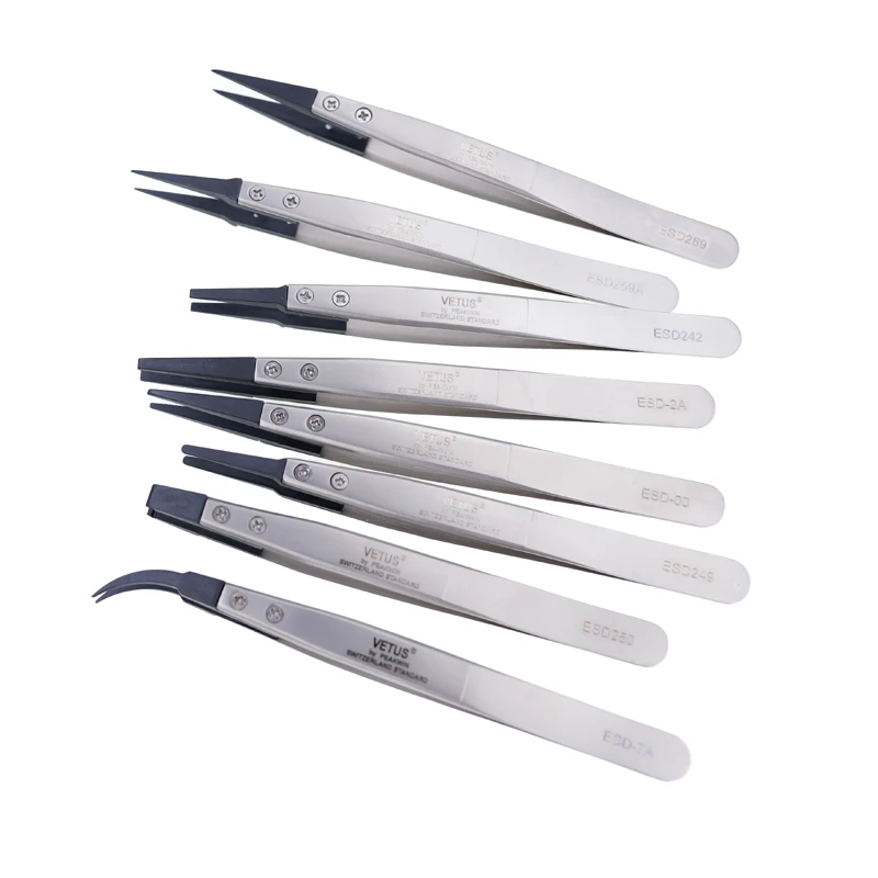 VETUS ESD series Interchangeable Head Anti-static Tweezers Stainless Steel Body Anti-static Carbon Fiber Conductive Plastic H