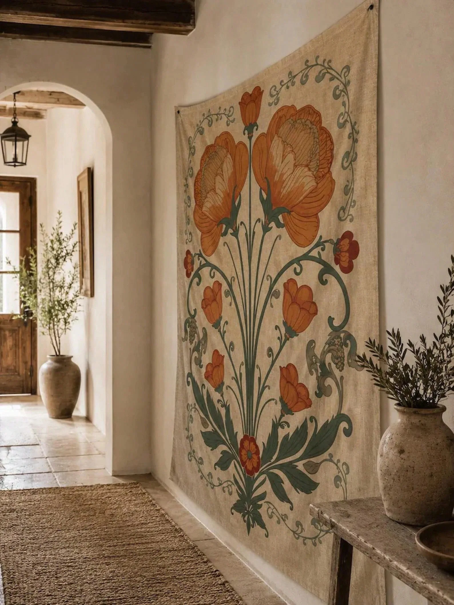 1pc Large Linen Floral Tapestry Wall Hanging, Art Nouveau Poppy Tapestry, Vintage Botanical Wall Decor, Neutral Cottagecore Wall