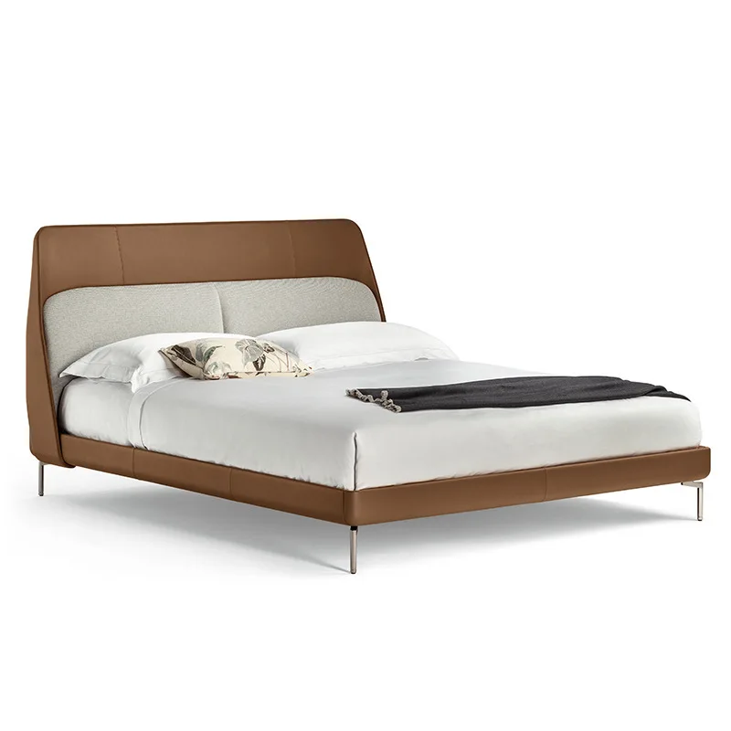 

Italian minimalist leather bed, villa high backrest double bed