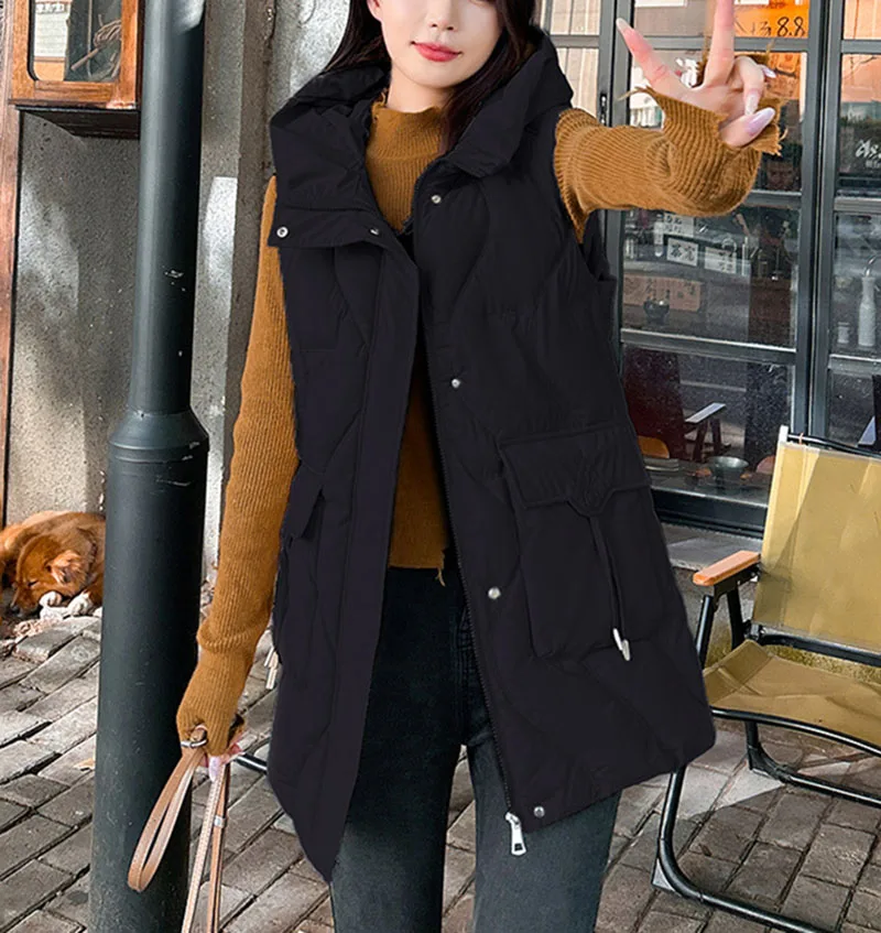 

winter hooded mid long down cotton vest women thicken slim cotton padded waistcoat for women solid warm winter sleeveless jacket