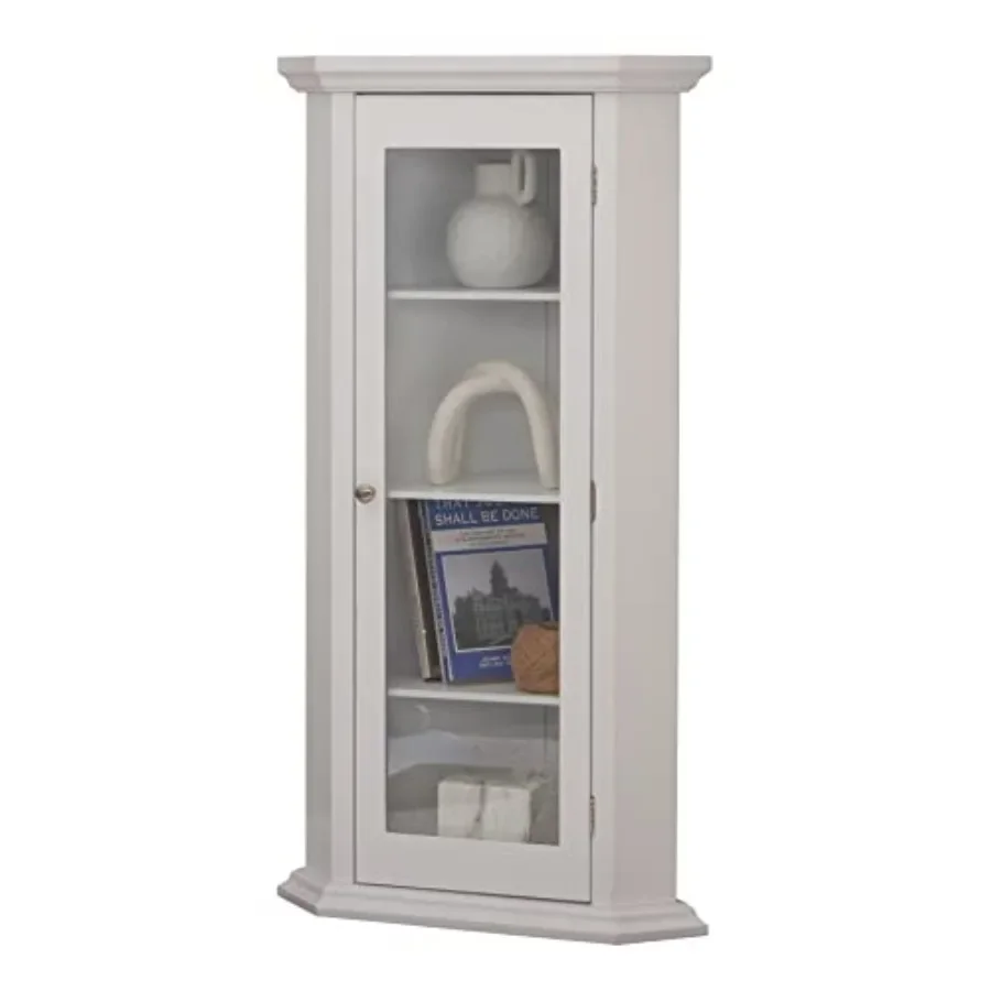 Corner Accent Display Wood Curio Cabinet for living room, solid wood, natural oak finish, adjustable shelves and glass doors
