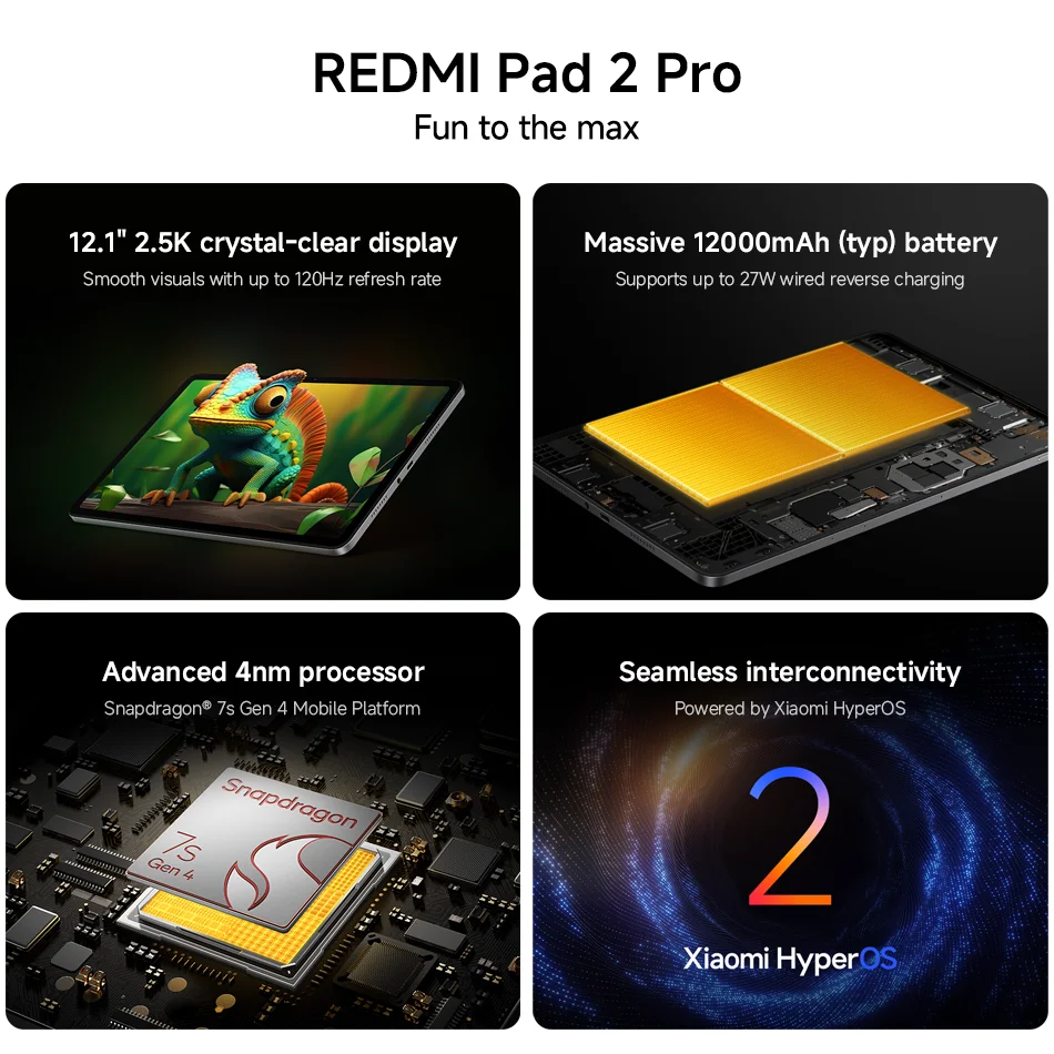 GLOBAL VERSION XIAOMI REDMI PAD 2 PRO SNAPDRAGON 7S GEN 4 12.1"2.5K 120HZ شاشة 8MP كاميرا 12000MAH بطارية MI WIFI TABLET PC (باللغة الإنجليزية)