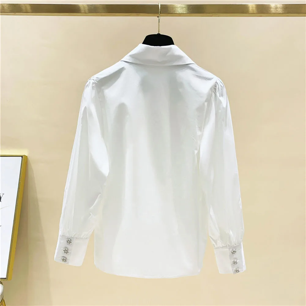 Camisa blanca con cuello de perlas y diamantes para Mujer, blusa elegante de alta calidad, Tops de primavera, novedad de 2022