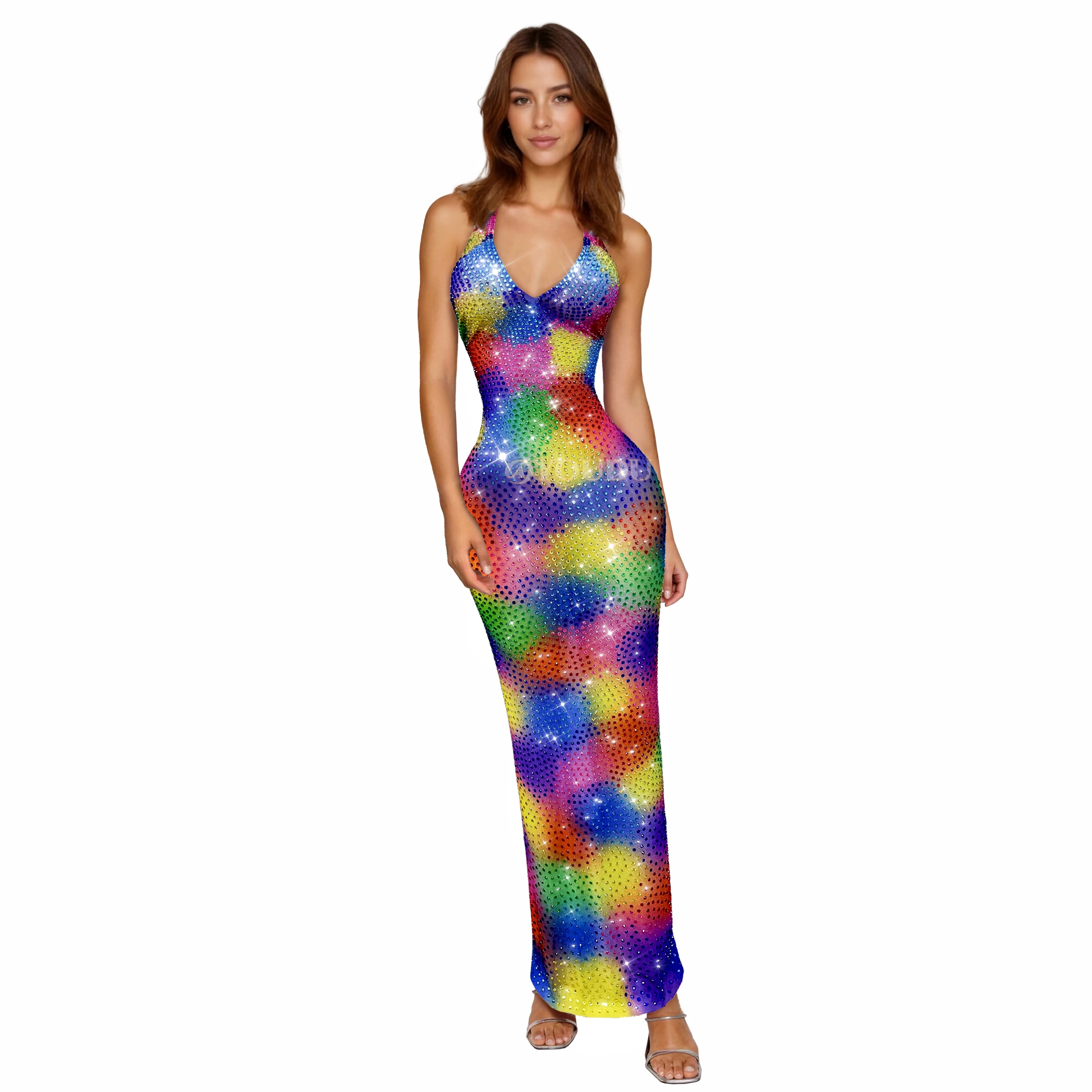 

Fashion Multicolor Sparkly Rhinestones Sexy V-neck Backless Mesh Dress Evening Prom Gown Red carpet Show Stage Outfit Caimohua