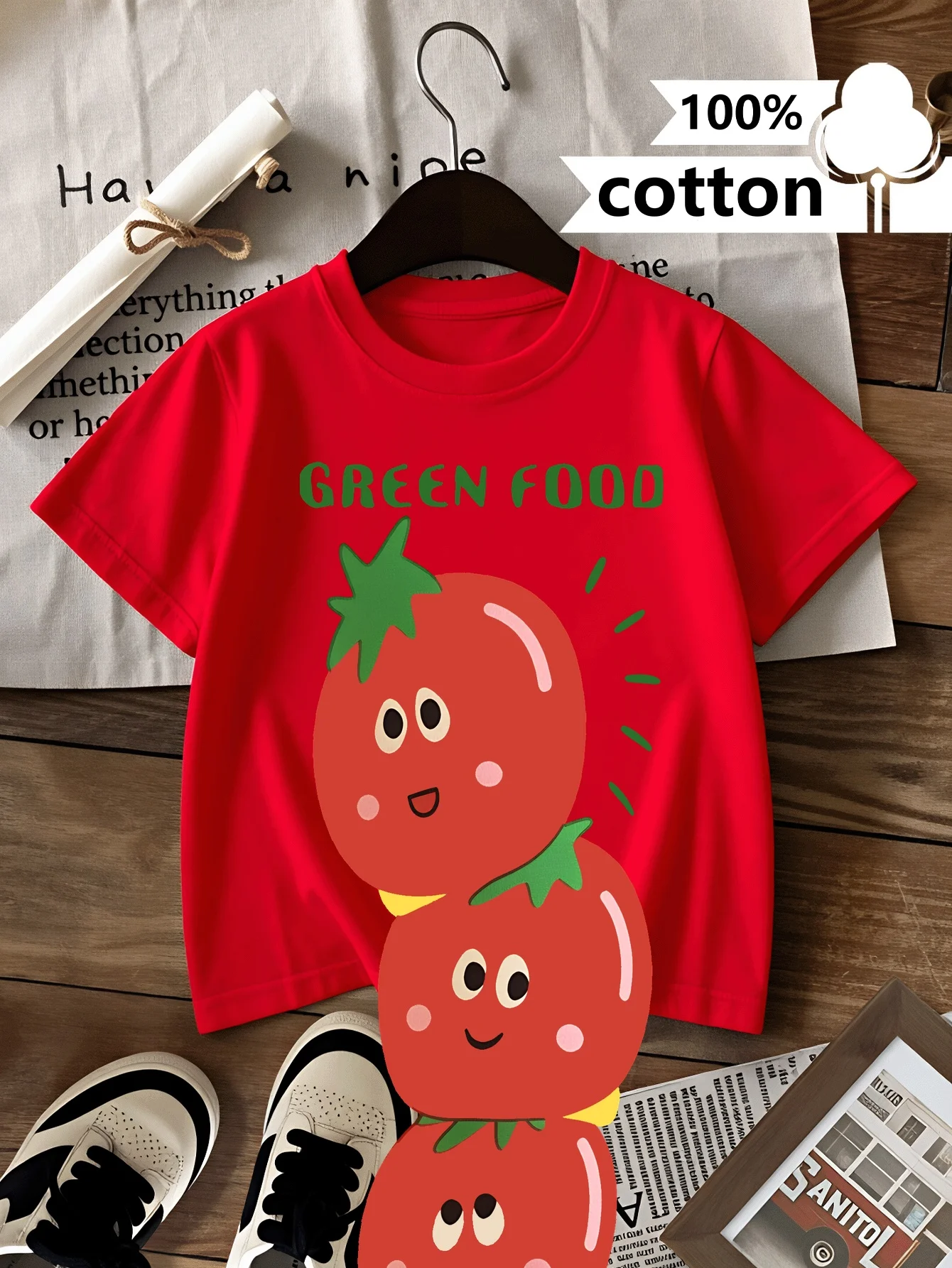 Stacked Tomato Patterns with Facial Expressions Machine Washable Children's T-shirt Comfortable Breathable Parent-child Outfit