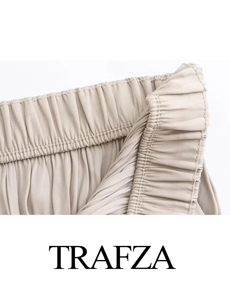 TRAFZA 2024 Summer Elegant Long Skirts Women\'s Trendy Solid Color Folds Elastic Waist Female New Fashion Casual Loose Skirts