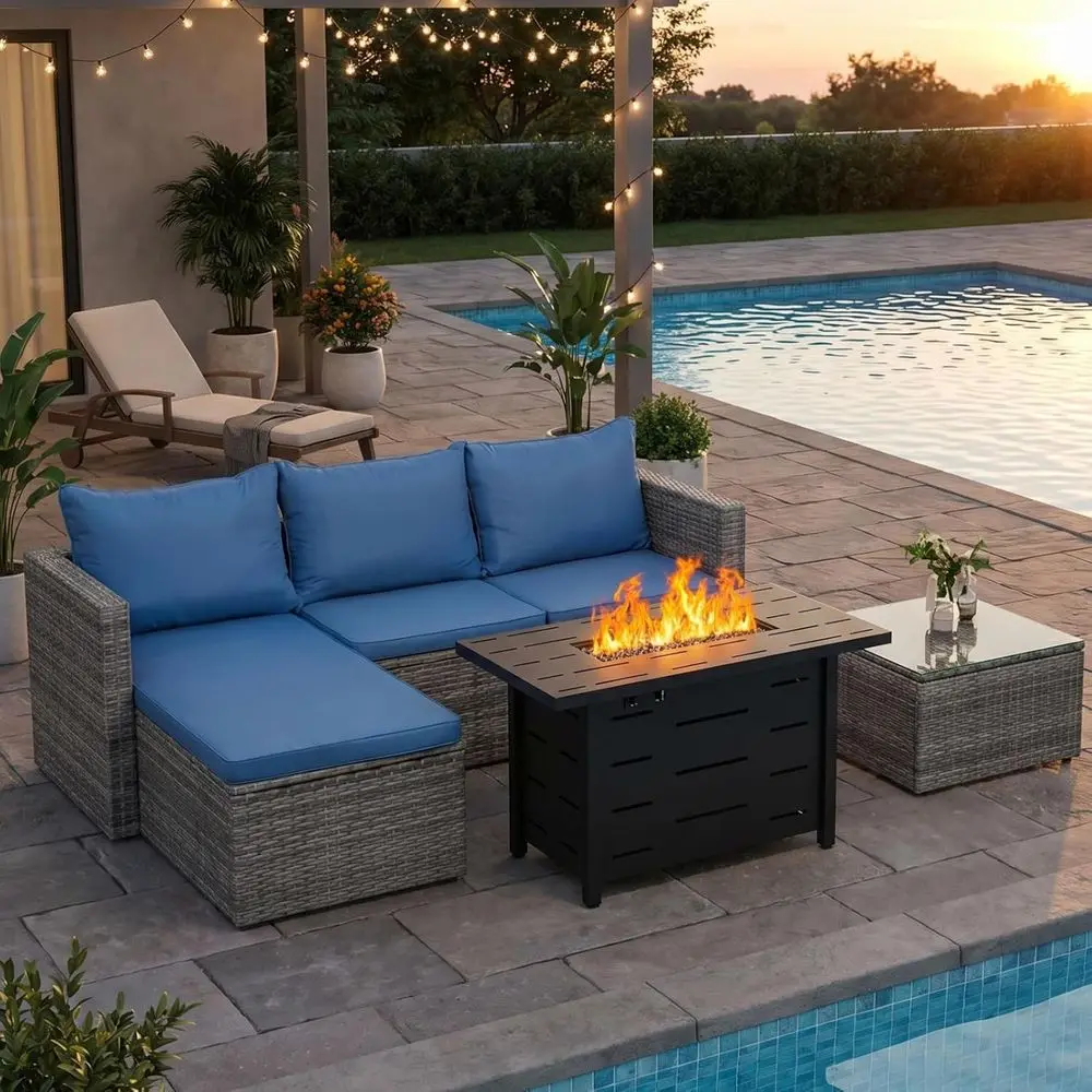 

4-Piece Outdoor Patio Furniture Set with 43 Propane Gas Fire Pit, Blue Wicker Sectional Sofa for Backyard, Poolside, Garden