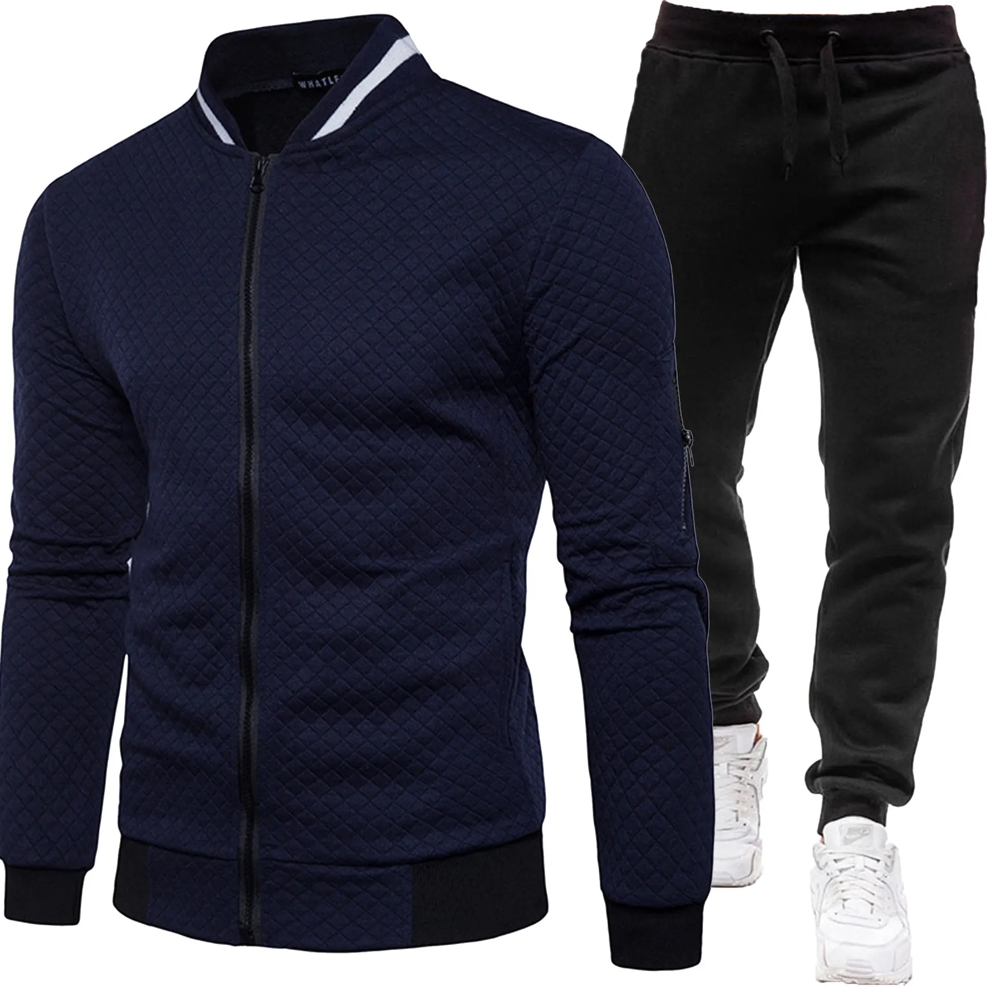Herren Gesteppte Bomberjacke Trainingsanzug Herbst Winter Reißverschluss-Cardigan Sweatshirt Jogginghose Zweiteiliges Casual Sportbekleidungs-Set – Detail 6