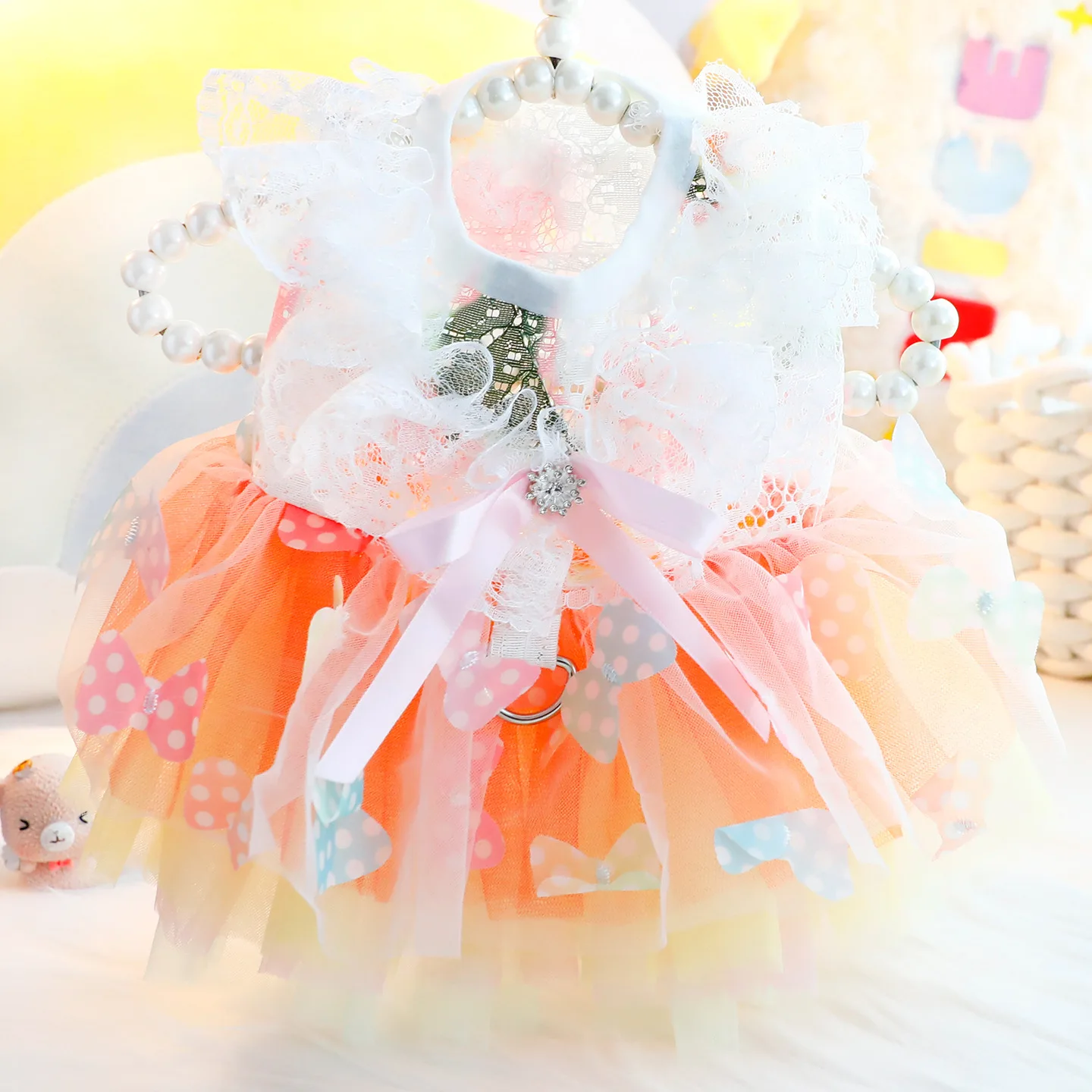 Summer Rainbow Puppy Dog Cat Clothing Fashion Hollow Lace Bow Birthday Party Princess Dress for Small Medium Dog Pet Dog Clothes