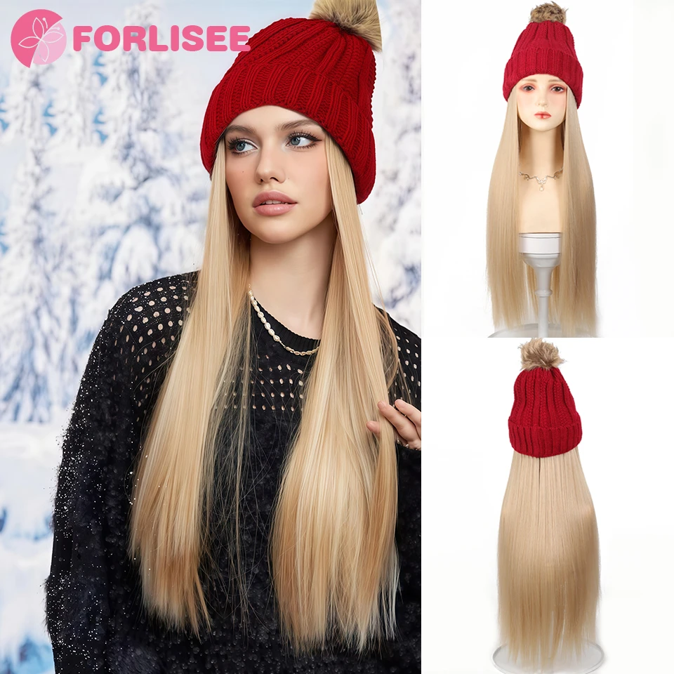 

Pom-pom knitted Hat With Hair Wigs For Women 36 inch Long Straight Hair Synthetic Wig Warm Soft Ski Knitted Autumn Winter Cap