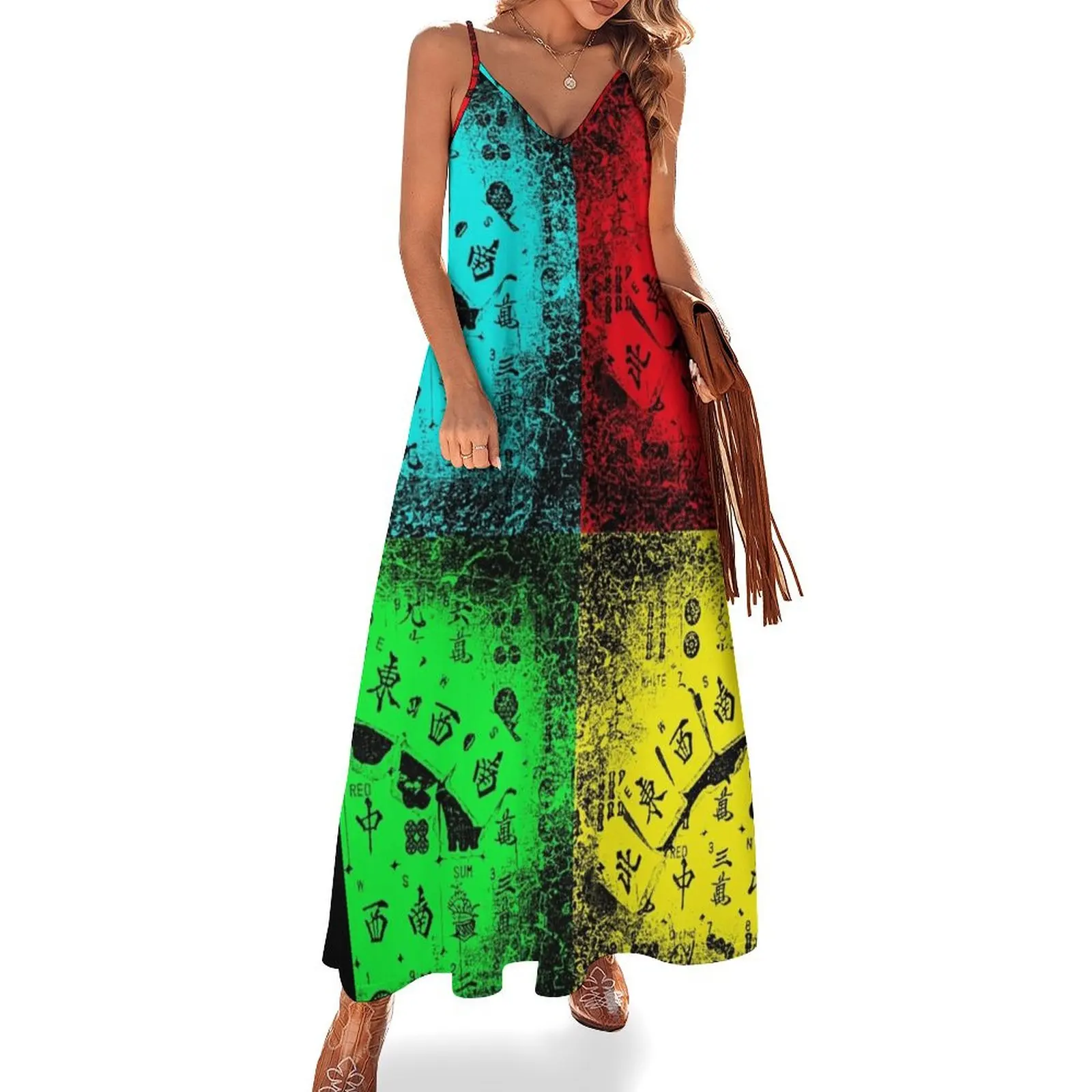 Mah jongg news pop art ärmelloses kleid lange verschleierte kleider kleidung frauen sommer 2024 sommer outfits für frauen 2024