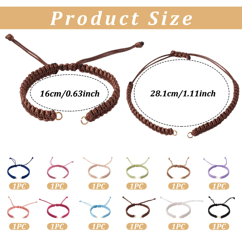 12pcs Braided Cord Adjustable Link Bracelet 16cm Waxed Polyester Thread with Stainless Steel Jump Rings Fit for Connector Charms