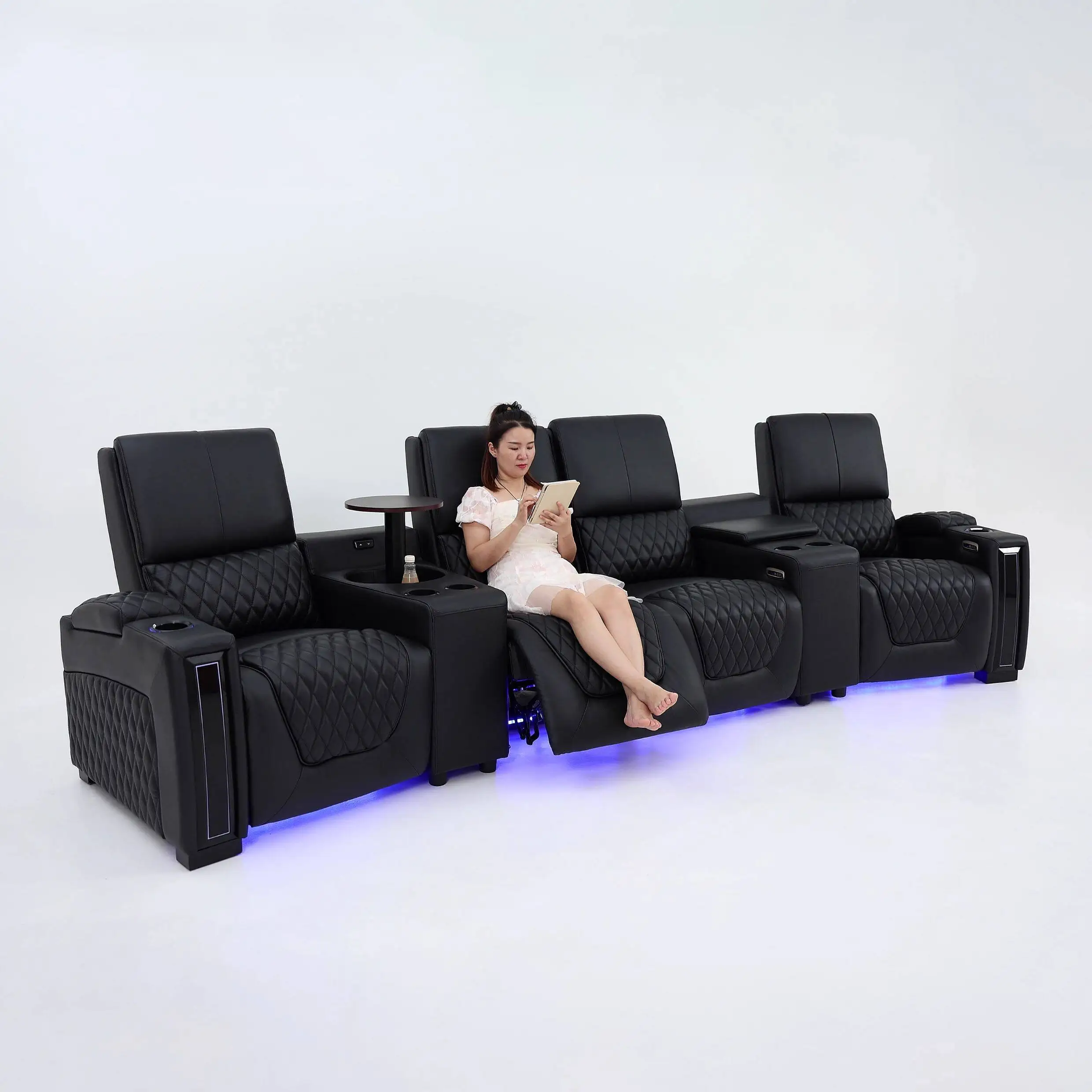 Home Theater Seating with Dual Motors Electric Recliners, LED Lighting, Luxury Italian Genuine Leather Power Reclining Sofa Set