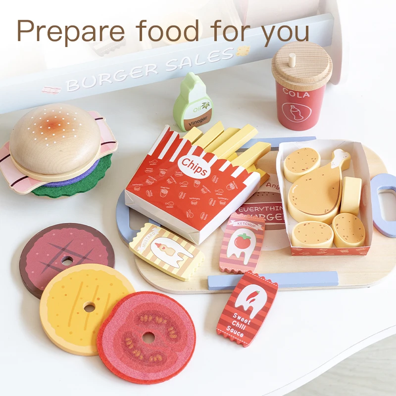 ชุดของเล่นอาหารฟาสต์ฟู้ดแฮมเบอร์เกอร์ไม้ - เหมาะสำหรับเด็กเล่นบทบาทสมมติในครัว ฝึกทักษะการเคลื่อนไหวอย่างละเอียด และการเล่นแบบสังคม