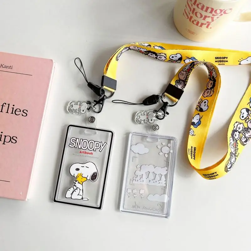 Kawaii Peanuts Snoopy Charlie Brown Id Card Holder Key Chain Transparent Anti Loss Acrylic Card Cover Bag Pendant Gift For Girls