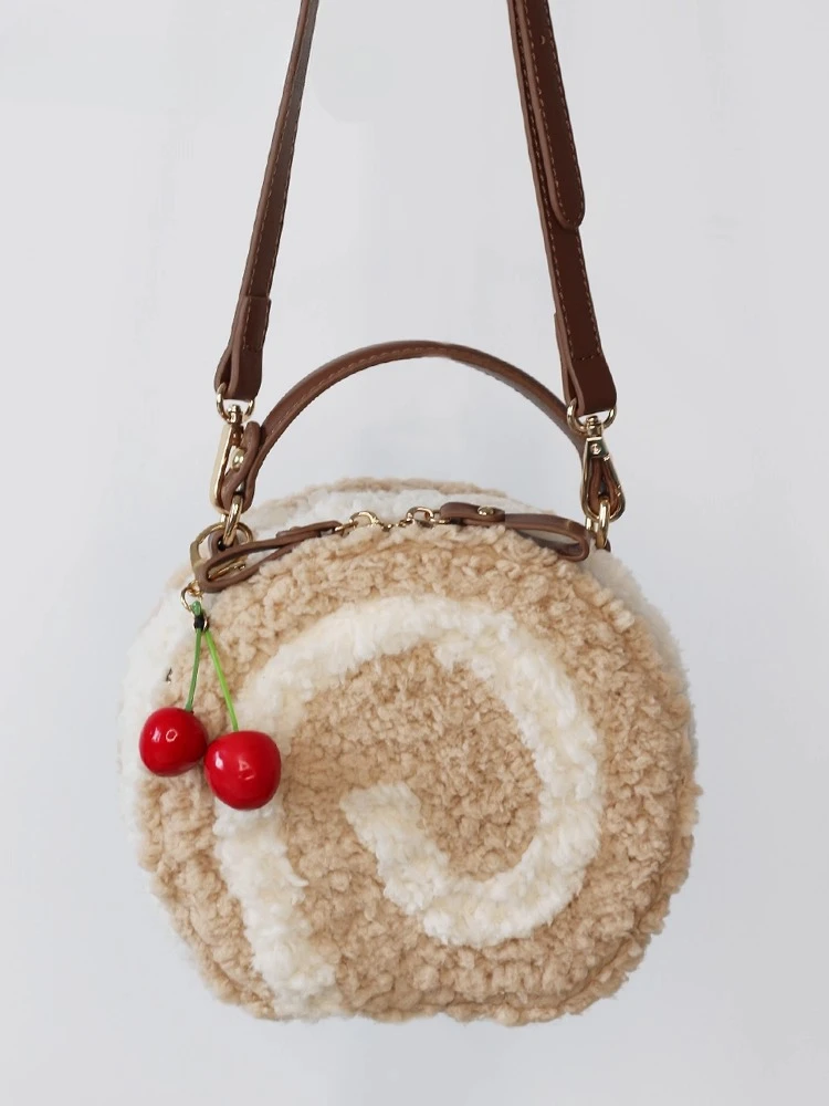 

New Original Small Egg Roll Autumn and Winter Plush Messenger Small Round Bag Dessert Bag Lolita Bag