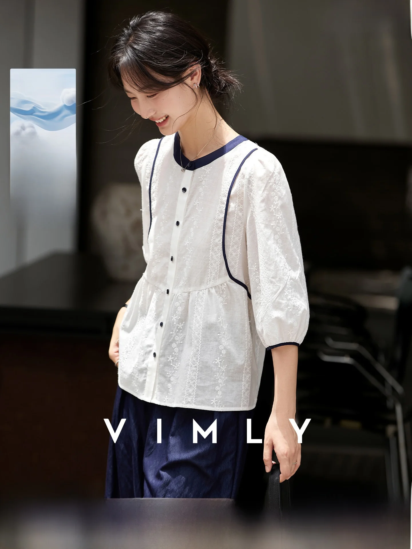 

Белая хлопковая блузка с цветочной вышивкой для женщин, весенняя коллекция, с круглым вырезом, повседневная, с рукавами-фонариками