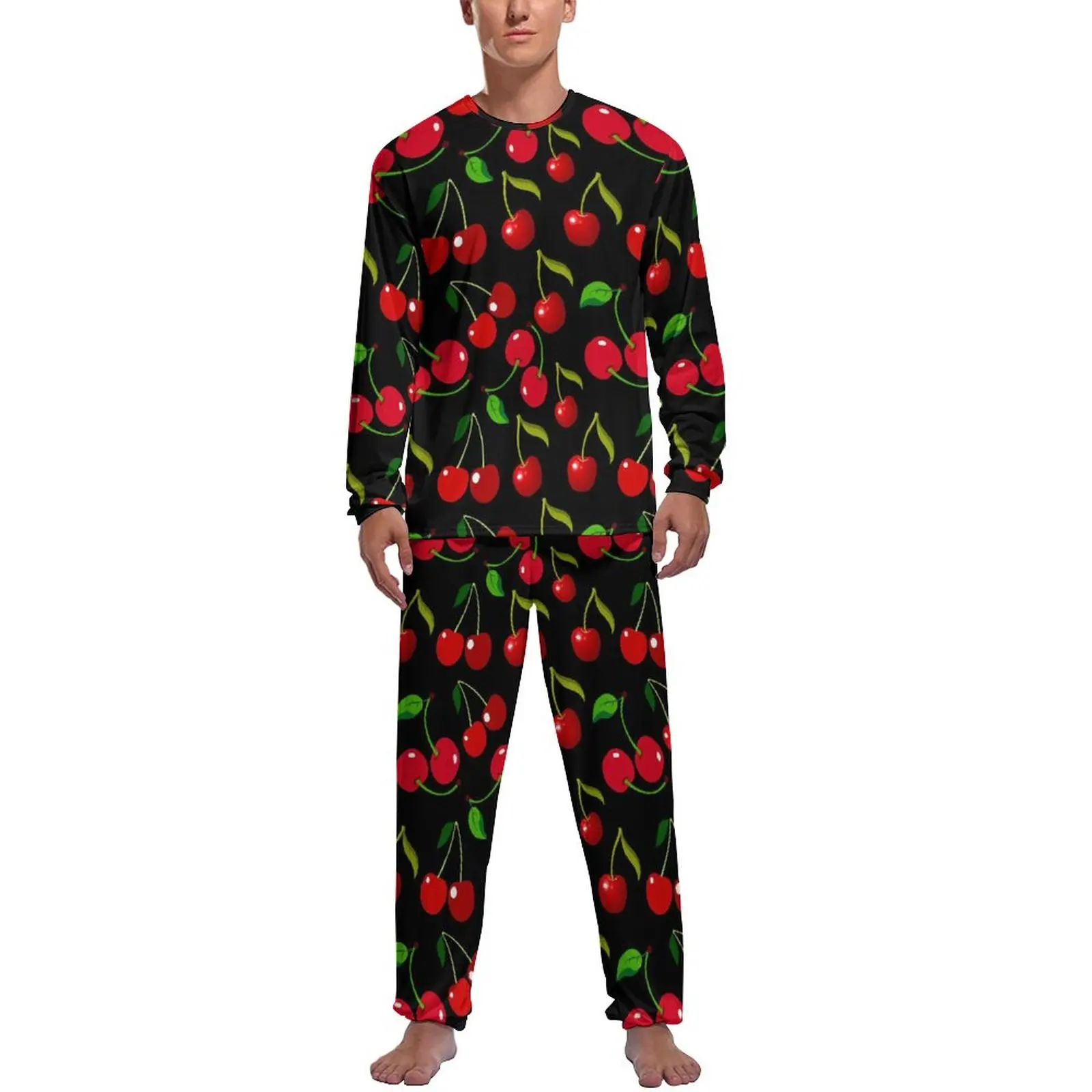 Red Cherries Print Pajamas Man Green Leaves Cute Sleepwear Autumn Long-Sleeve 2 Pieces Room Design Pajamas Set