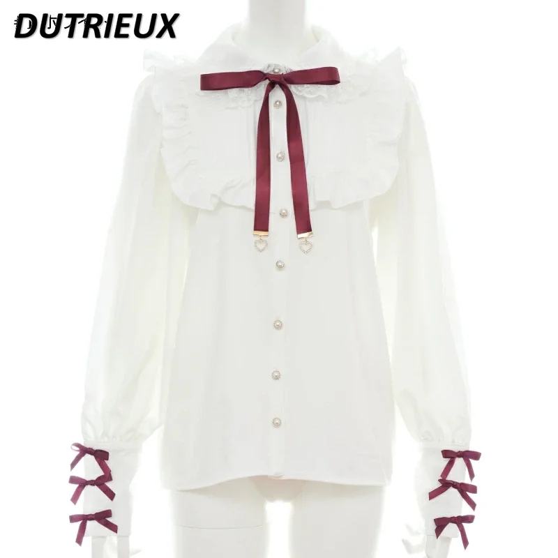 봄 가을 Bottoming 셔츠 달콤한 귀여운 소녀 일본 곰팡이 가장자리 블라우스 나비 넥타이 사랑 펜던트 인형 칼라 긴 소매상의