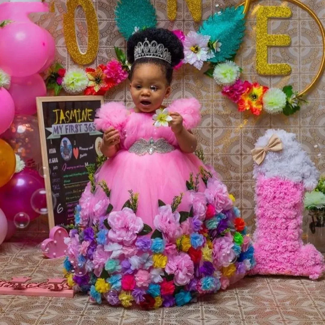 Roze Baljurk Meisjes Eerste Verjaardagsjurk Kralen Sjerp Prinses Bloemenmeisje Jurk Vloerlengte Tule Kerst Nieuwe Fotoshoot